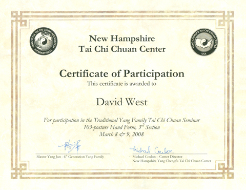 Laoshi David West Certificate from Yang Jun for 3rd Section Yang Family form participation